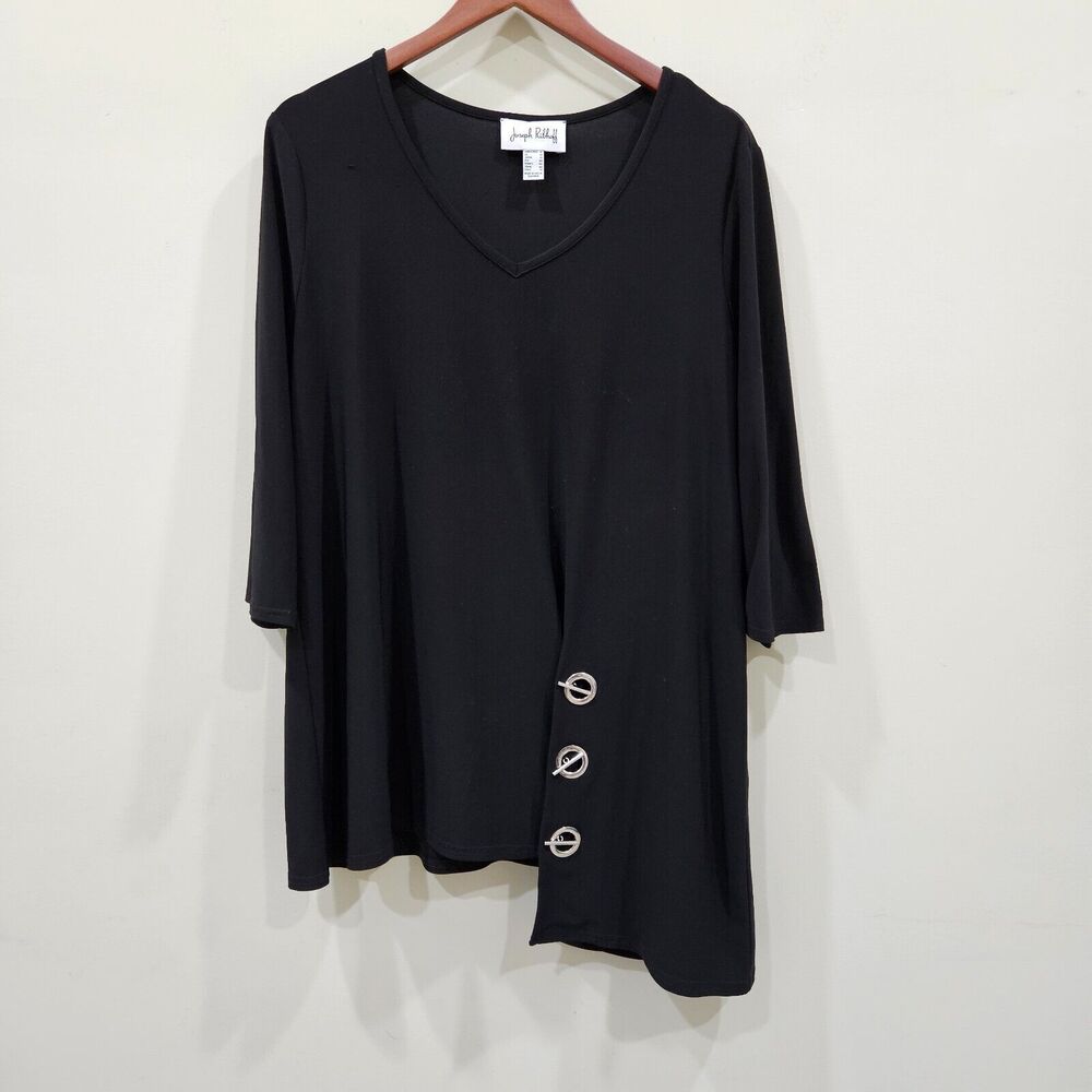 Joseph Ribkoff Women V-Neck Toggle Blouse Plus Size 16 Black Liquid Knit Stretch